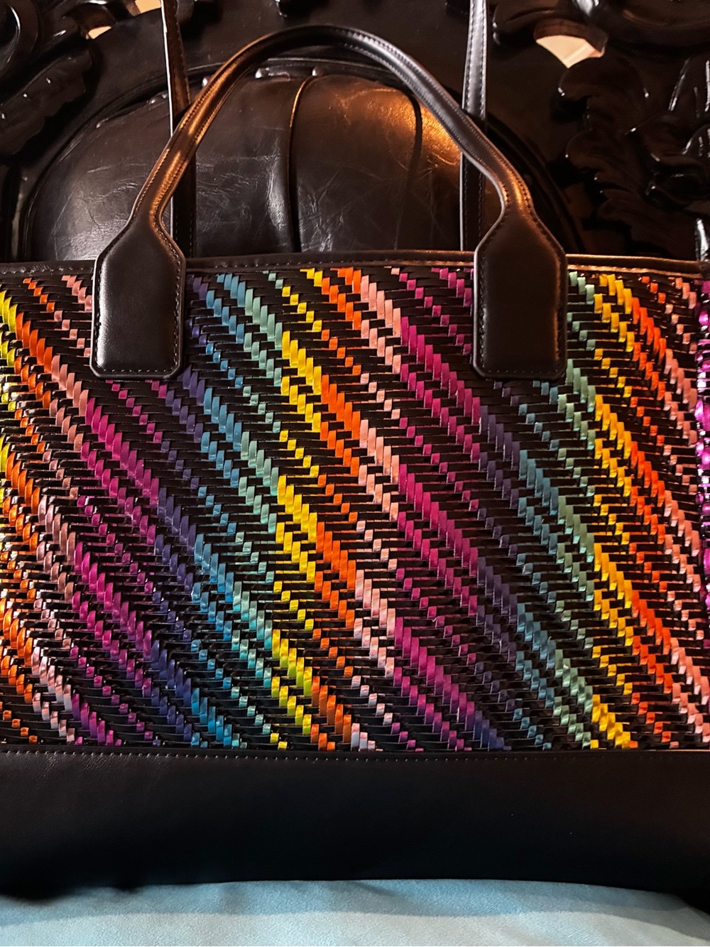 Kurt Geiger KENSINGTON SQUARE TOTE black/multi-metallic woven purse $265 NEW tag - Picture 13 of 16